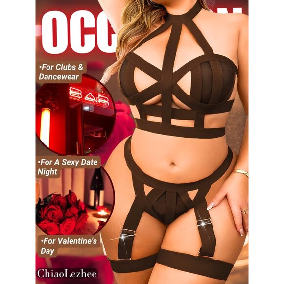 Coffee Plus Size Lingerie Set: Strappy Halter Bra & Thong for Comfort - Picture 4 of 6